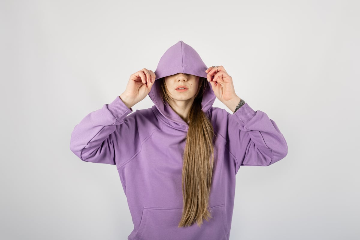 Full Length Portrait of Young Sporty Fitness Women in Blue Cotton Hooded Sweatsuit Casual Outfit. Studio Shot of Blonde Hoody Woman with Long Hair in Long Sleeve Tracksuits Hoodie Activewear Set.